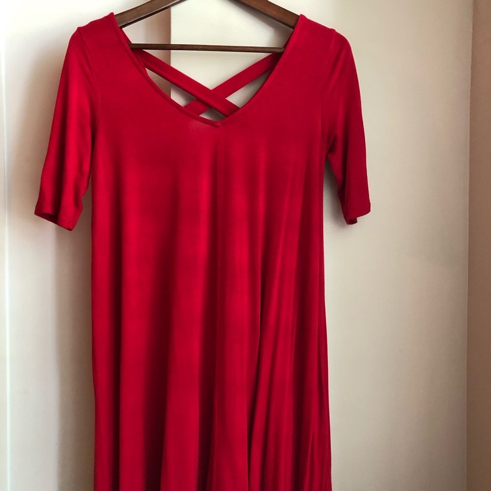 Red Dress Sleeves Criss Cross Back Soft Material